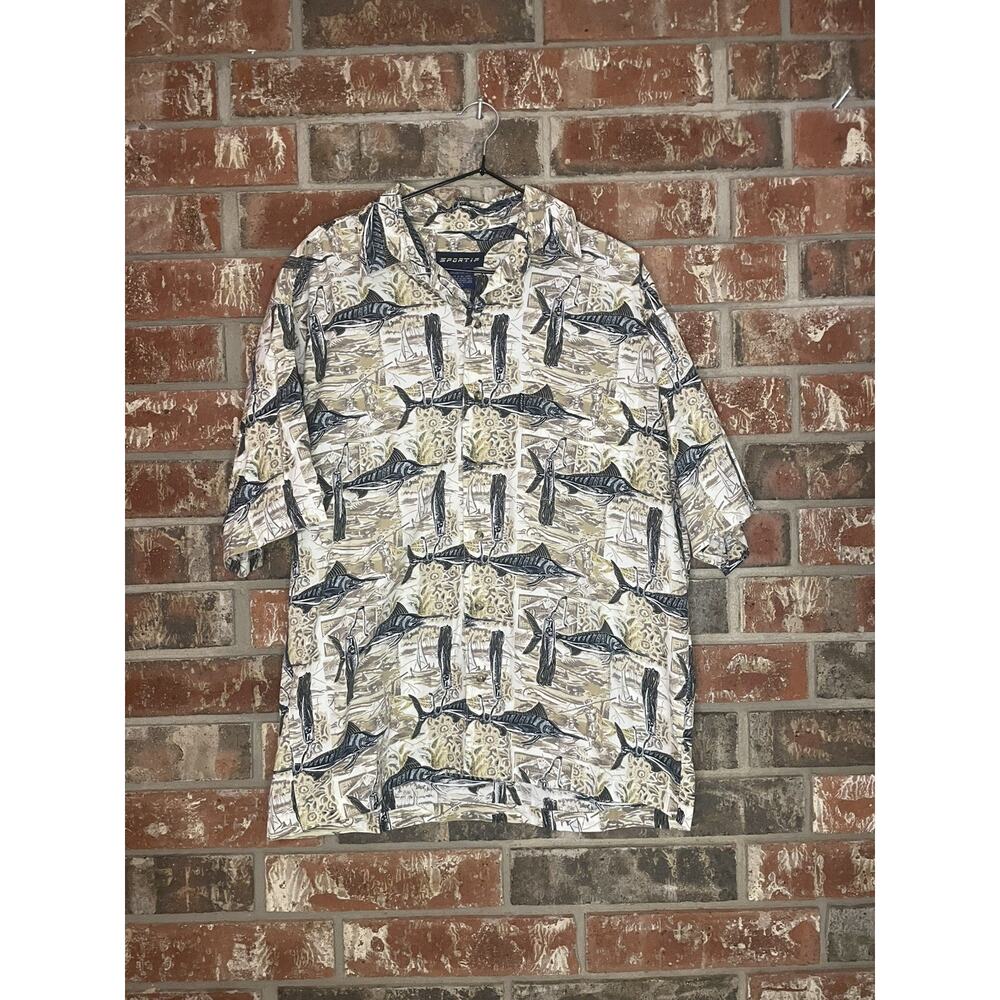 Sportif Swordfish Print Short Sleeve Shirt Large 100% Cotton Vacation Beach Fish